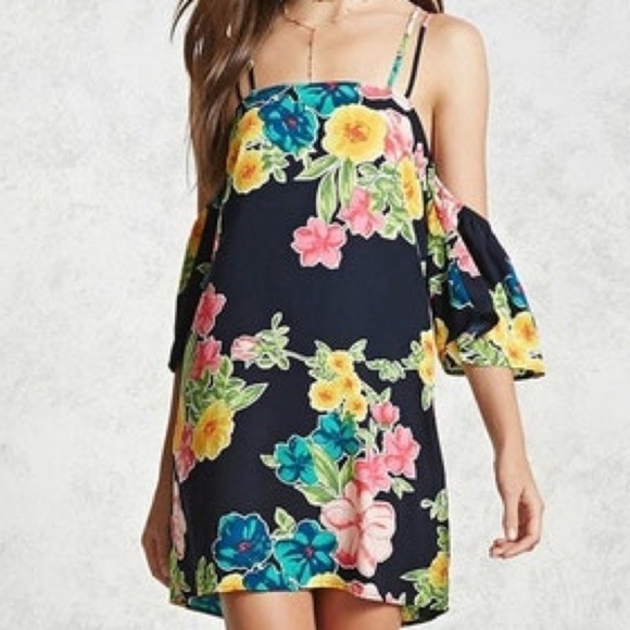 Forever 21 Floral Tunic Cold Shoulder Mini Dress Size M - Picture 1 of 14